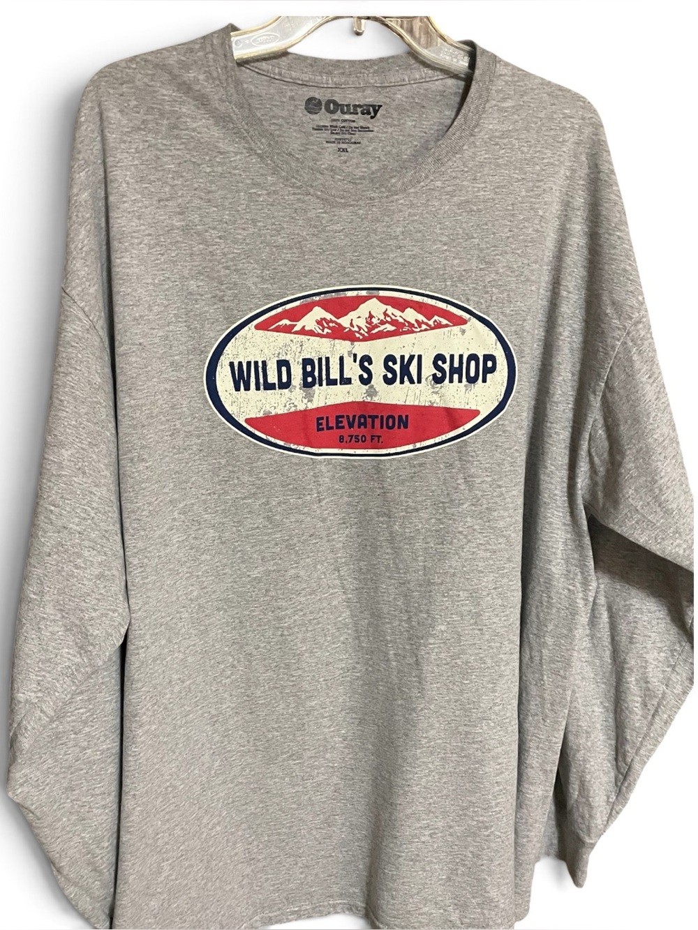 Ouray Men’s Grey Long Sleeve Tee with Red & Navy Ski Graphic